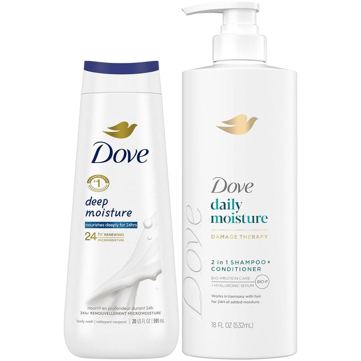 Dove 2-in-1 Shampoo & Conditioner + Daily Moisture Body Wash – Tiefenhydratation für trockenes Haar und Haut (2er Set)