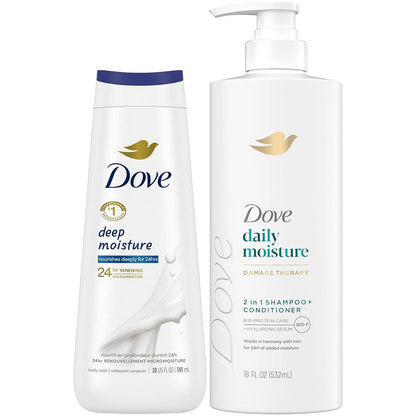 Dove 2-in-1 Shampoo & Conditioner + Daily Moisture Body Wash – Tiefenhydratation für trockenes Haar und Haut (2er Set)