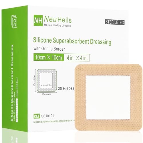 NeuHeils Silikon Superabsorbierender Wundverband 10x10 cm 20 Stück, Selbstklebender wasserdichter Verband mit Ultrasorb-Pad für stark exsudierende Wunden, Weicher Gaze-Inselverband