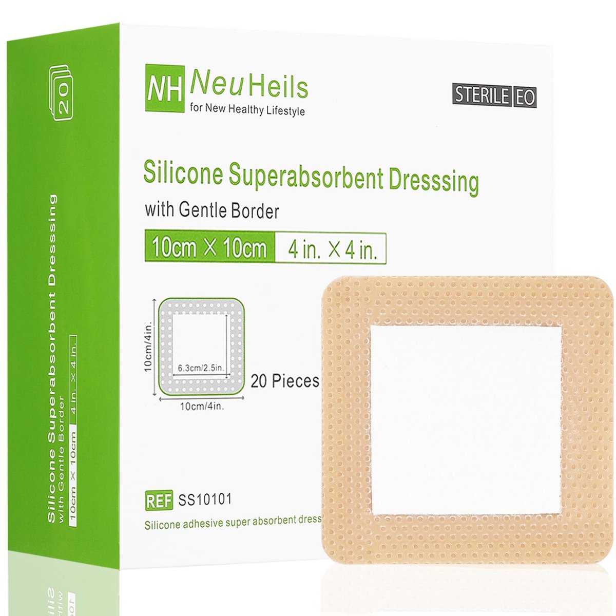 NeuHeils Silikon Superabsorbierender Wundverband 10x10 cm 20 Stück, Selbstklebender wasserdichter Verband mit Ultrasorb-Pad für stark exsudierende Wunden, Weicher Gaze-Inselverband