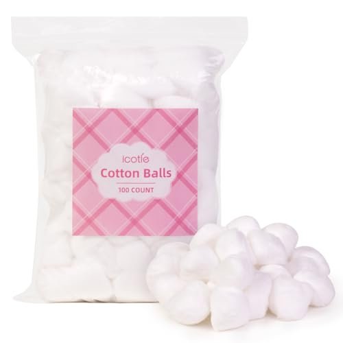 Icotle 100% reine Wattebällchen, groß, weich und saugfähig für Make-up, Nagellackentfernung, Haustierpflege, Auftragen von Lotion oder Puder und Erste-Hilfe für den täglichen Haushaltsgebrauch, 100 Stück