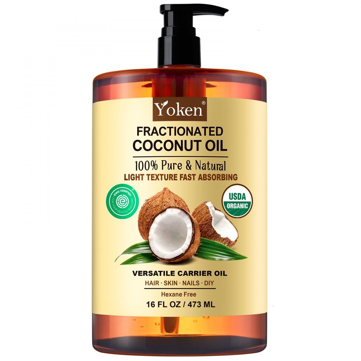 Yoken USDA-zertifiziertes fraktioniertes Kokosöl für die Haut 480 ml, Bio flüssiges Kokosöl, Feuchtigkeitsspender für Haare, Gesicht, Körper, Trägeröl für ätherische Öle, Massage, Hexanfrei, Duftneutral