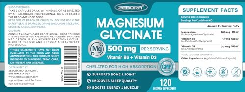 ZEBORA Magnesium Glycinat 500mg – Hochdosiertes Magnesium mit Vitamin B6 & D3, Chelat-Magnesium-Kapseln für Muskeln, Herz, Ruhe & Immunsystem, 120 Kapseln