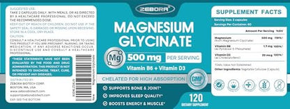 ZEBORA Magnesium Glycinat 500mg – Hochdosiertes Magnesium mit Vitamin B6 & D3, Chelat-Magnesium-Kapseln für Muskeln, Herz, Ruhe & Immunsystem, 120 Kapseln