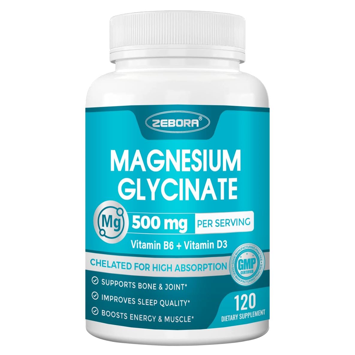 ZEBORA Magnesium Glycinat 500mg – Hochdosiertes Magnesium mit Vitamin B6 & D3, Chelat-Magnesium-Kapseln für Muskeln, Herz, Ruhe & Immunsystem, 120 Kapseln
