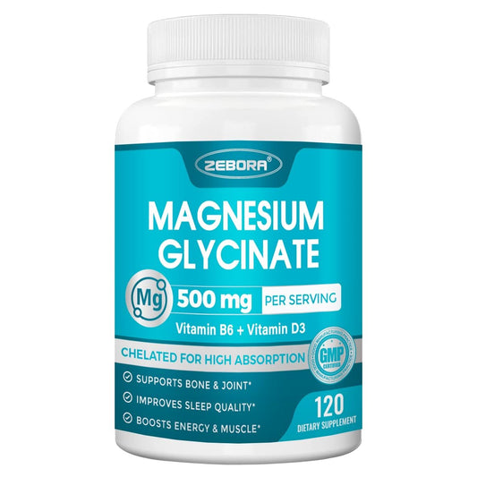 ZEBORA Magnesium Glycinat 500mg – Hochdosiertes Magnesium mit Vitamin B6 & D3, Chelat-Magnesium-Kapseln für Muskeln, Herz, Ruhe & Immunsystem, 120 Kapseln