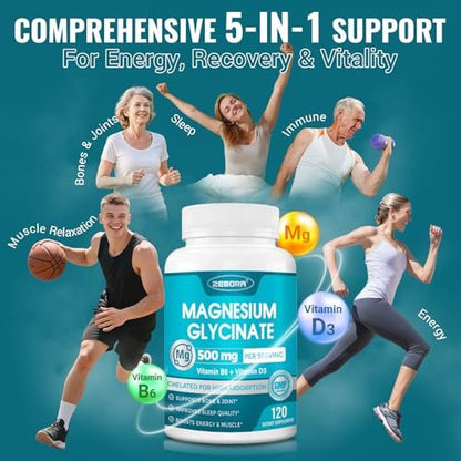 ZEBORA Magnesium Glycinat 500mg – Hochdosiertes Magnesium mit Vitamin B6 & D3, Chelat-Magnesium-Kapseln für Muskeln, Herz, Ruhe & Immunsystem, 120 Kapseln