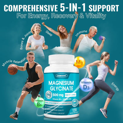 ZEBORA Magnesium Glycinat 500mg – Hochdosiertes Magnesium mit Vitamin B6 & D3, Chelat-Magnesium-Kapseln für Muskeln, Herz, Ruhe & Immunsystem, 120 Kapseln