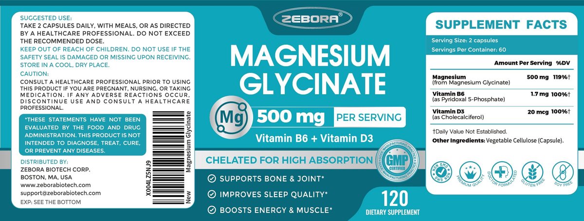 ZEBORA Magnesium Glycinat 500mg – Hochdosiertes Magnesium mit Vitamin B6 & D3, Chelat-Magnesium-Kapseln für Muskeln, Herz, Ruhe & Immunsystem, 120 Kapseln