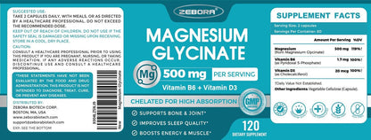 ZEBORA Magnesium Glycinat 500mg – Hochdosiertes Magnesium mit Vitamin B6 & D3, Chelat-Magnesium-Kapseln für Muskeln, Herz, Ruhe & Immunsystem, 120 Kapseln