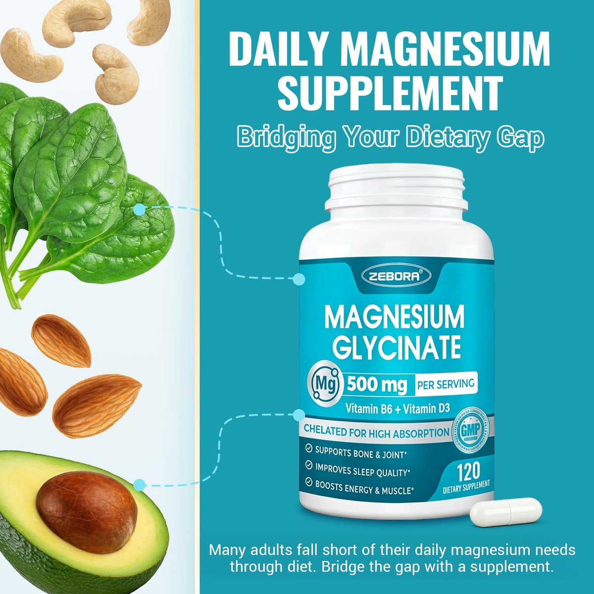 ZEBORA Magnesium Glycinat 500mg – Hochdosiertes Magnesium mit Vitamin B6 & D3, Chelat-Magnesium-Kapseln für Muskeln, Herz, Ruhe & Immunsystem, 120 Kapseln