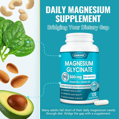 ZEBORA Magnesium Glycinat 500mg – Hochdosiertes Magnesium mit Vitamin B6 & D3, Chelat-Magnesium-Kapseln für Muskeln, Herz, Ruhe & Immunsystem, 120 Kapseln