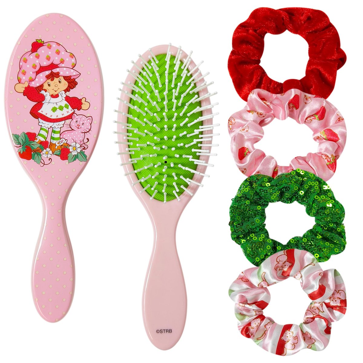 LUV HER Erdbeer-Cupcake Haaraccessoire-Set – 5-teilig: 1 entwirrende 9-Zoll-Haarbürste & 4 Scrunchies, elastische Haargummis, ab 3 Jahren