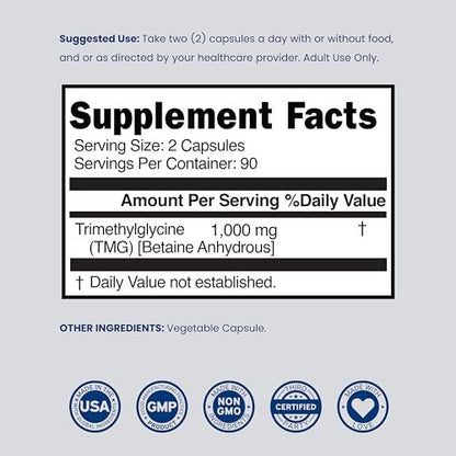 TMG Trimethylglycin Kapseln 1.000 mg pro Portion (3-Monats-Vorrat) - TMG Supplement für Homocystein-Kontrolle - als Betain Anhydrous - Vegan, Drittanbieter getestet & Non GMO - Hergestellt in USA - (180 Kapseln)