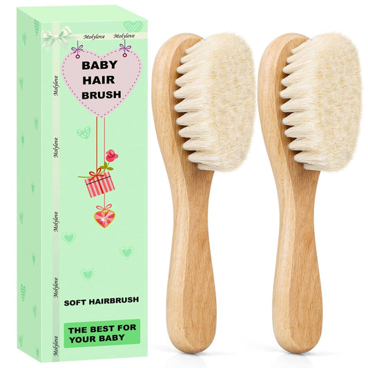 Molylove Baby Haarbürste, Holzbürste für Neugeborene & Kleinkinder, extra weiche Ziegenhaarbürste, ideale Bürste für Milchschorf (2 Stück)