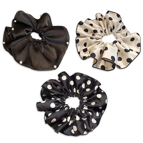 3er Set 20 cm Übergroße Satin Scrunchies mit Perlen und Punkten, Jumbo Haargummis & Pferdeschwanzhalter für Frauen und Mädchen, Vintage-Chic extra große Haaraccessoires