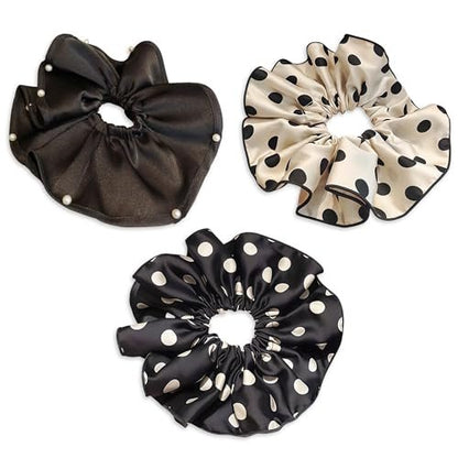 3er Set 20 cm Übergroße Satin Scrunchies mit Perlen und Punkten, Jumbo Haargummis & Pferdeschwanzhalter für Frauen und Mädchen, Vintage-Chic extra große Haaraccessoires