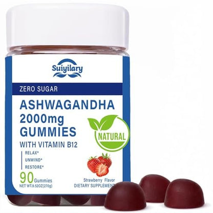 Suiyilary Ashwagandha Gummis 2000mg – Hochdosierter Ashwagandha-Wurzelextrakt mit Vitamin B12, Erdbeergeschmack, 45-Tage-Vorrat (90 Gummis) für Männer und Frauen