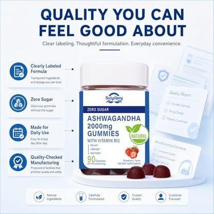 Suiyilary Ashwagandha Gummis 2000mg – Hochdosierter Ashwagandha-Wurzelextrakt mit Vitamin B12, Erdbeergeschmack, 45-Tage-Vorrat (90 Gummis) für Männer und Frauen