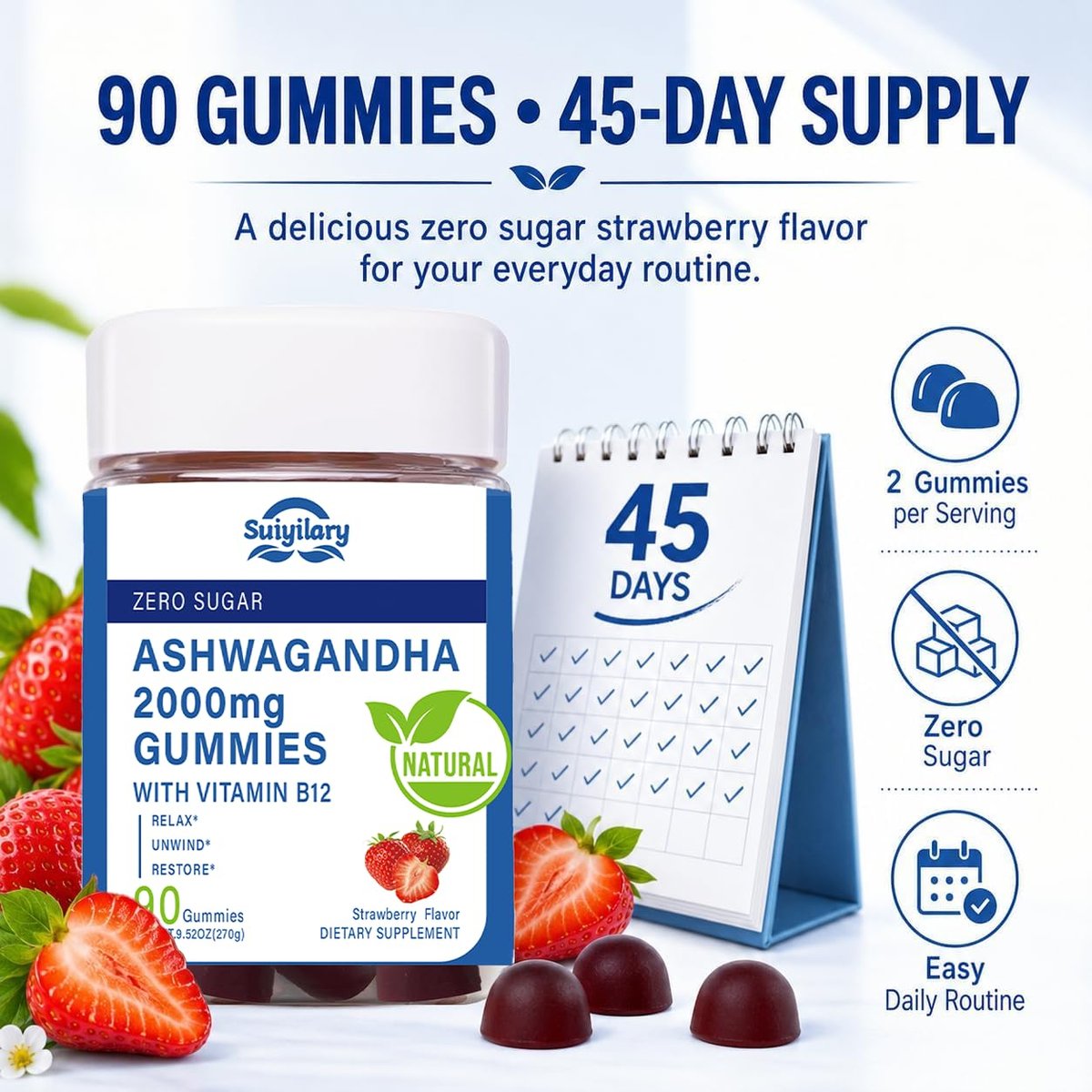 Suiyilary Ashwagandha Gummis 2000mg – Hochdosierter Ashwagandha-Wurzelextrakt mit Vitamin B12, Erdbeergeschmack, 45-Tage-Vorrat (90 Gummis) für Männer und Frauen