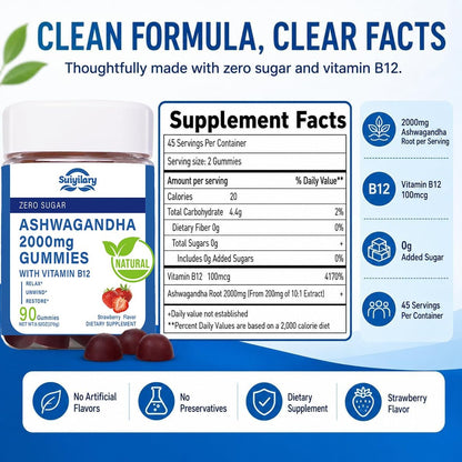 Suiyilary Ashwagandha Gummis 2000mg – Hochdosierter Ashwagandha-Wurzelextrakt mit Vitamin B12, Erdbeergeschmack, 45-Tage-Vorrat (90 Gummis) für Männer und Frauen