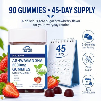Suiyilary Ashwagandha Gummis 2000mg – Hochdosierter Ashwagandha-Wurzelextrakt mit Vitamin B12, Erdbeergeschmack, 45-Tage-Vorrat (90 Gummis) für Männer und Frauen
