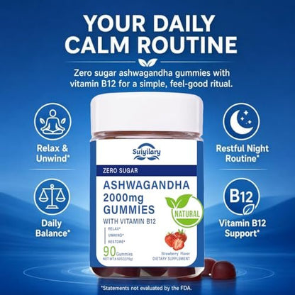 Suiyilary Ashwagandha Gummis 2000mg – Hochdosierter Ashwagandha-Wurzelextrakt mit Vitamin B12, Erdbeergeschmack, 45-Tage-Vorrat (90 Gummis) für Männer und Frauen