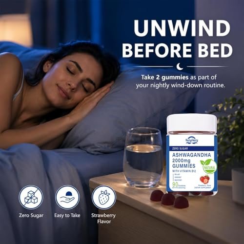Suiyilary Ashwagandha Gummis 2000mg – Hochdosierter Ashwagandha-Wurzelextrakt mit Vitamin B12, Erdbeergeschmack, 45-Tage-Vorrat (90 Gummis) für Männer und Frauen