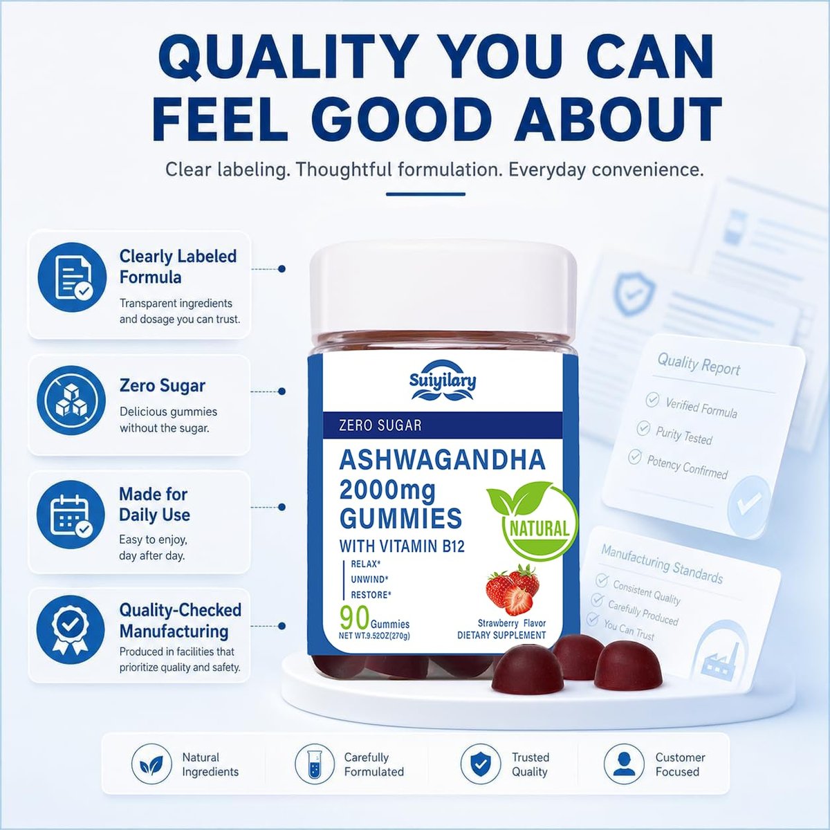 Suiyilary Ashwagandha Gummis 2000mg – Hochdosierter Ashwagandha-Wurzelextrakt mit Vitamin B12, Erdbeergeschmack, 45-Tage-Vorrat (90 Gummis) für Männer und Frauen