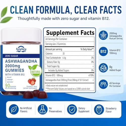 Suiyilary Ashwagandha Gummis 2000mg – Hochdosierter Ashwagandha-Wurzelextrakt mit Vitamin B12, Erdbeergeschmack, 45-Tage-Vorrat (90 Gummis) für Männer und Frauen