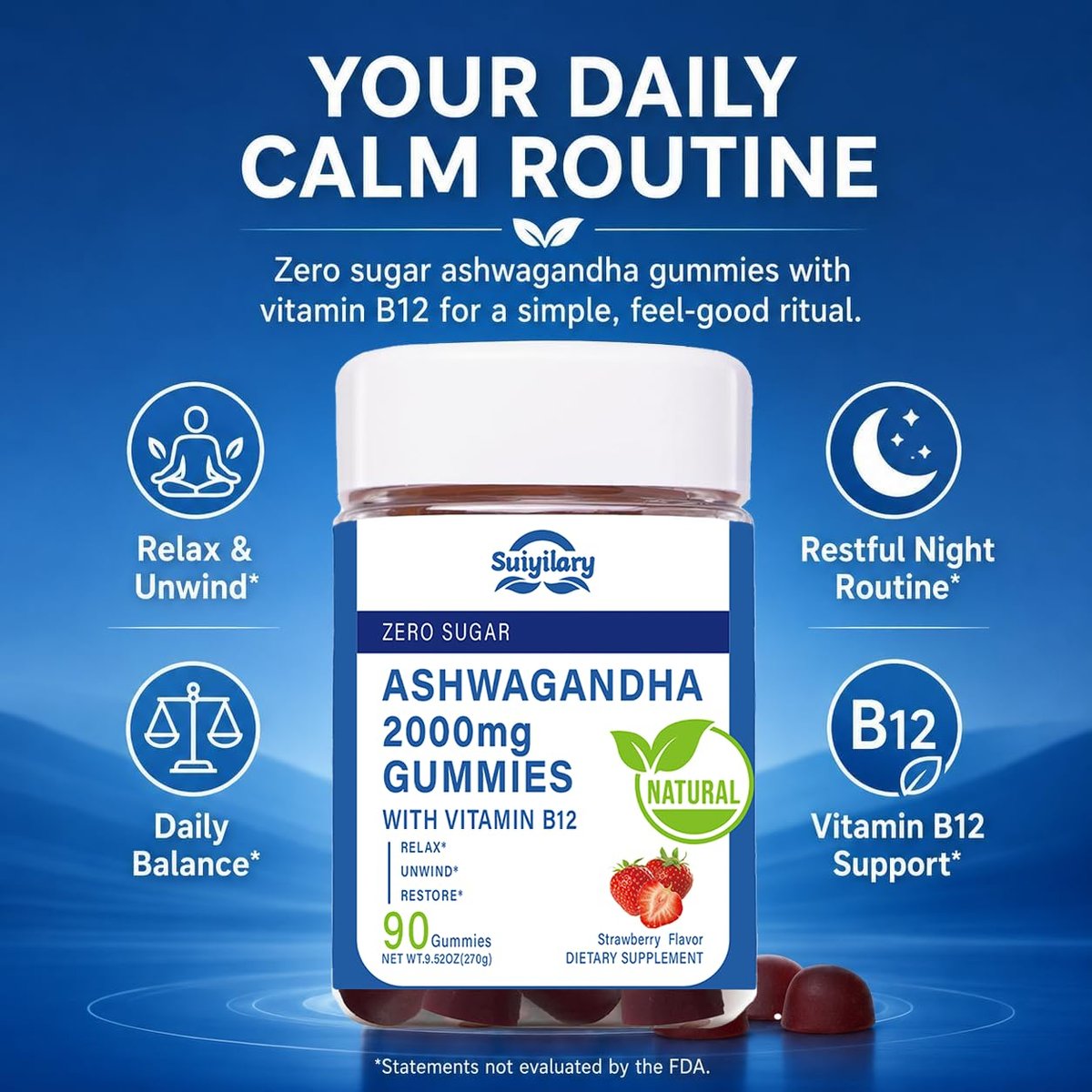 Suiyilary Ashwagandha Gummis 2000mg – Hochdosierter Ashwagandha-Wurzelextrakt mit Vitamin B12, Erdbeergeschmack, 45-Tage-Vorrat (90 Gummis) für Männer und Frauen