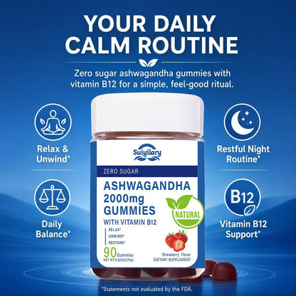 Suiyilary Ashwagandha Gummis 2000mg – Hochdosierter Ashwagandha-Wurzelextrakt mit Vitamin B12, Erdbeergeschmack, 45-Tage-Vorrat (90 Gummis) für Männer und Frauen
