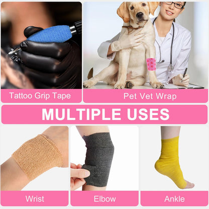 24er-Pack Selbstklebender Tierarztverband & medizinisches Tape, 5 cm x 4,6 m, kohäsiver Verband – Pink Heart Grip Tape für Knöchel, Handgelenk, Sport, Erste Hilfe bei Haustieren