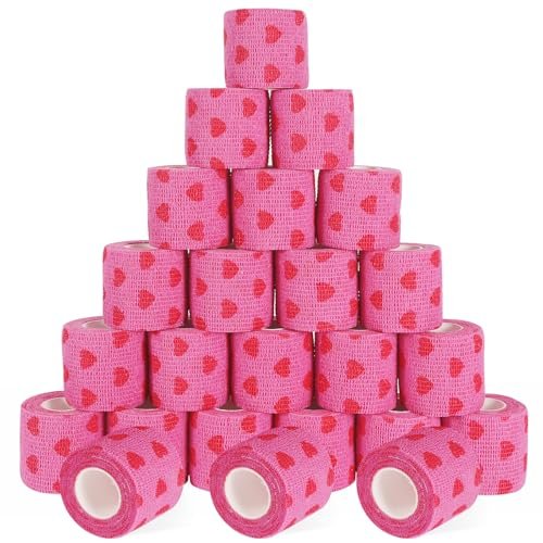 24er-Pack Selbstklebender Tierarztverband & medizinisches Tape, 5 cm x 4,6 m, kohäsiver Verband – Pink Heart Grip Tape für Knöchel, Handgelenk, Sport, Erste Hilfe bei Haustieren