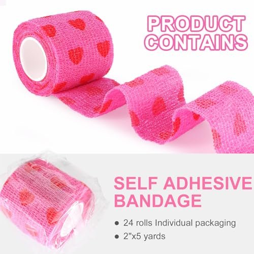 24er-Pack Selbstklebender Tierarztverband & medizinisches Tape, 5 cm x 4,6 m, kohäsiver Verband – Pink Heart Grip Tape für Knöchel, Handgelenk, Sport, Erste Hilfe bei Haustieren