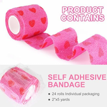 24er-Pack Selbstklebender Tierarztverband & medizinisches Tape, 5 cm x 4,6 m, kohäsiver Verband – Pink Heart Grip Tape für Knöchel, Handgelenk, Sport, Erste Hilfe bei Haustieren