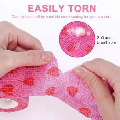 24er-Pack Selbstklebender Tierarztverband & medizinisches Tape, 5 cm x 4,6 m, kohäsiver Verband – Pink Heart Grip Tape für Knöchel, Handgelenk, Sport, Erste Hilfe bei Haustieren