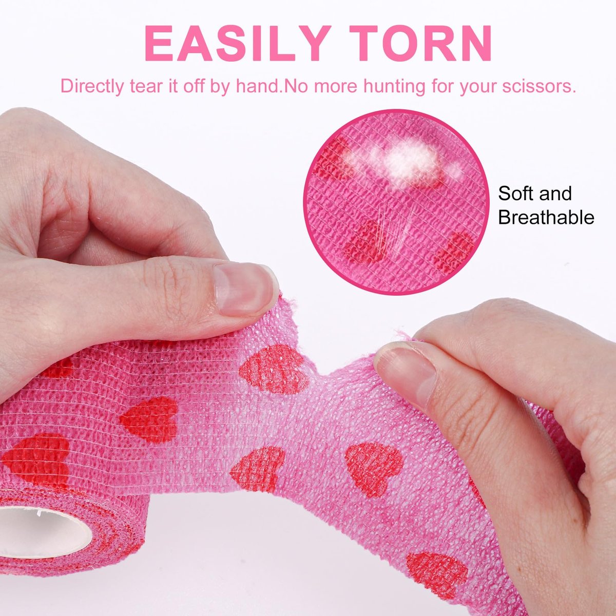 24er-Pack Selbstklebender Tierarztverband & medizinisches Tape, 5 cm x 4,6 m, kohäsiver Verband – Pink Heart Grip Tape für Knöchel, Handgelenk, Sport, Erste Hilfe bei Haustieren