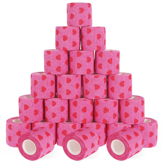 24er-Pack Selbstklebender Tierarztverband & medizinisches Tape, 5 cm x 4,6 m, kohäsiver Verband – Pink Heart Grip Tape für Knöchel, Handgelenk, Sport, Erste Hilfe bei Haustieren