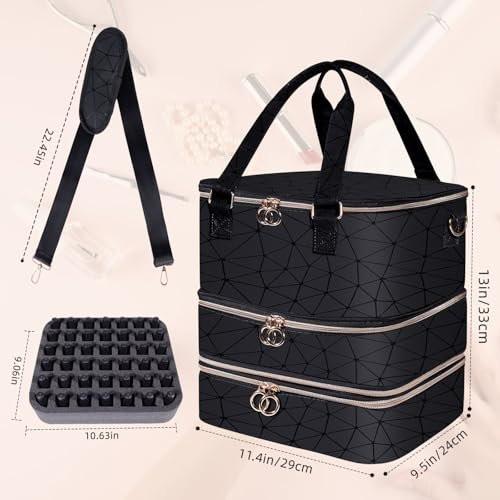 Nagellack-Organizer-Tasche aus PU-Leder, 3-lagig, für 84 Flaschen (15 ml) – Nagellack-Aufbewahrungstasche für Reisen und Zuhause (Schwarz)