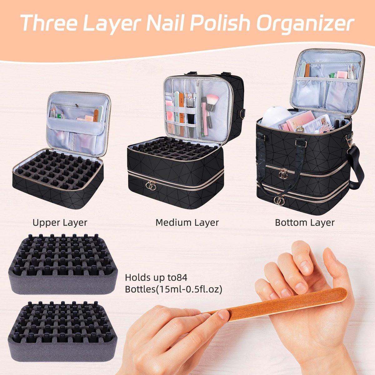 Nagellack-Organizer-Tasche aus PU-Leder, 3-lagig, für 84 Flaschen (15 ml) – Nagellack-Aufbewahrungstasche für Reisen und Zuhause (Schwarz)