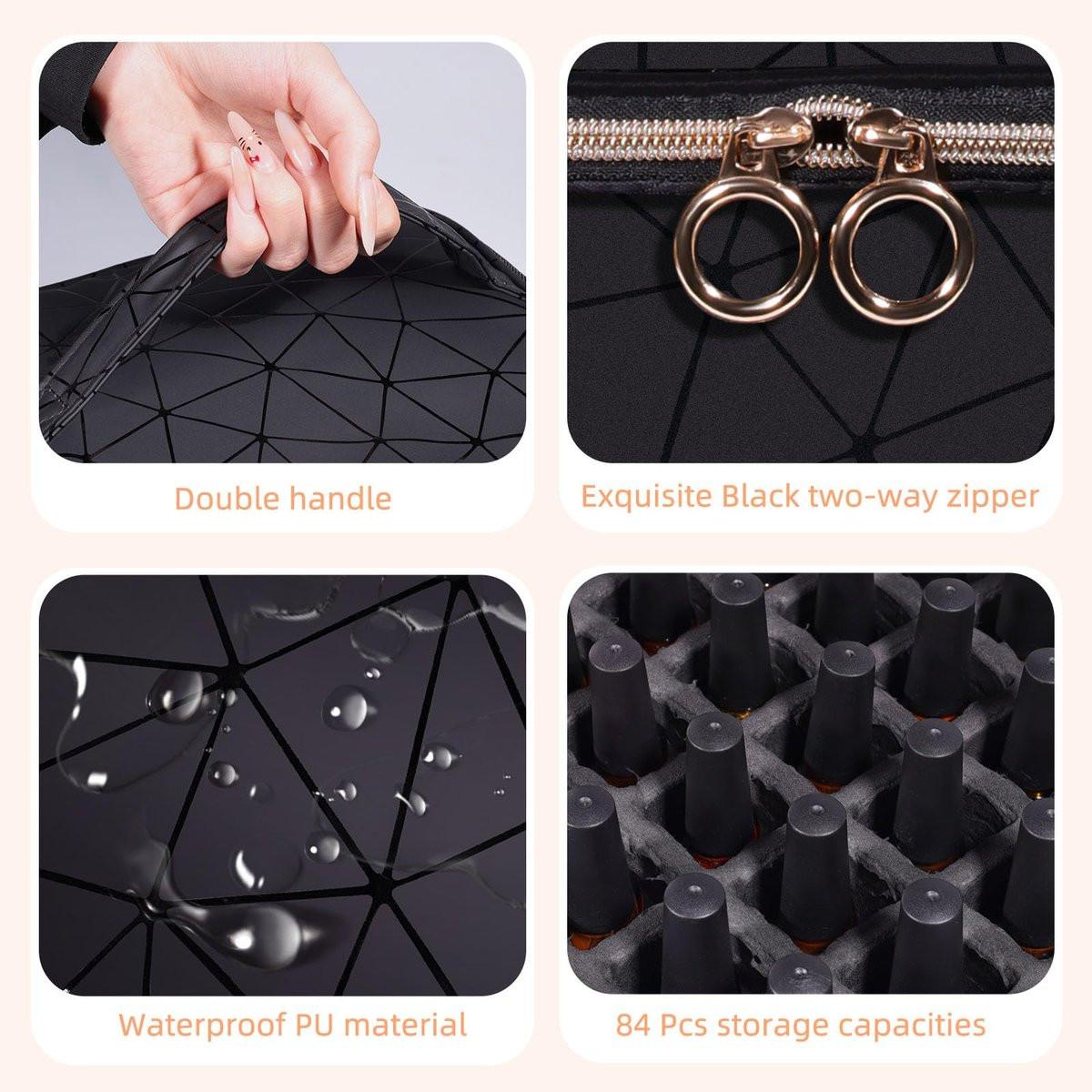 Nagellack-Organizer-Tasche aus PU-Leder, 3-lagig, für 84 Flaschen (15 ml) – Nagellack-Aufbewahrungstasche für Reisen und Zuhause (Schwarz)