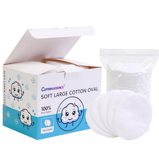 Cottonessence Ovale Wattepads (100 Stück) – 100% reine Baumwolle, sanft genug für Babys, weiche Textur, große Größe, fusselfrei, doppelseitig, hypoallergen, nass oder trocken verwendbar