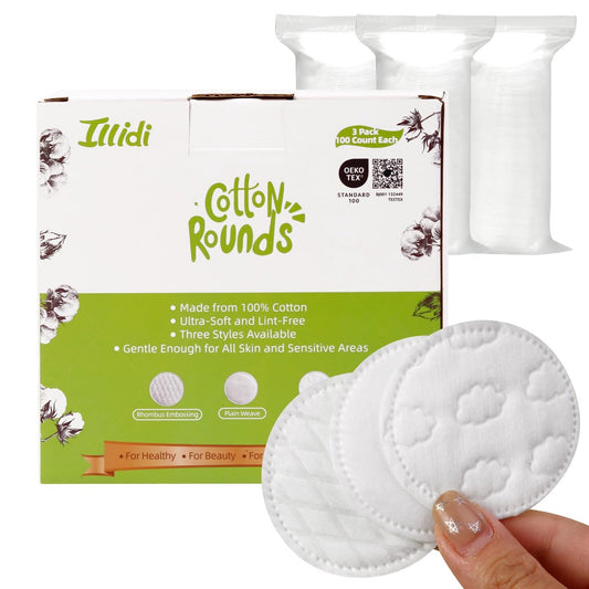 Illidi Box mit 300 geprägten Wattepads – 3 einzigartige Muster, fusselfrei, doppelseitig, weich & langlebig, ideal für Make-up-Entfernung, Hautpflege, Nagellack und Babypflege
