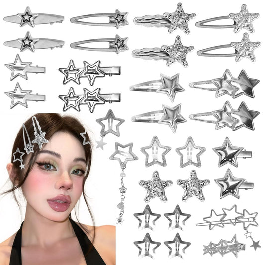 30-teiliges Y2K Haaraccessoire-Set – Silberne Stern-Haarklammern, 16 Formen, Kawaii Haarklammern für Frauen, 2000er Jahre, rutschfeste Haarnadeln für Mädchen