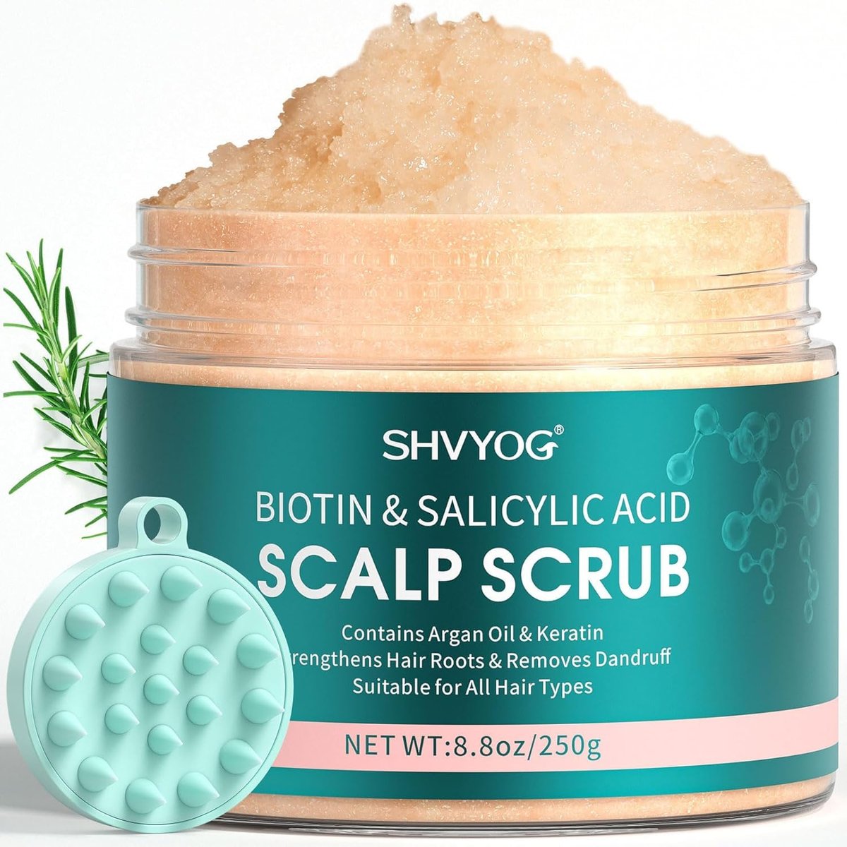 SHVYOG Scalp Scrub mit Biotin & 3% Salicylsäure – 2-in-1 Peeling & Shampoo gegen Schuppen, Juckreiz & fettige Kopfhaut – mit Teebaumöl & Kopfhautmassagegerät (250 g)