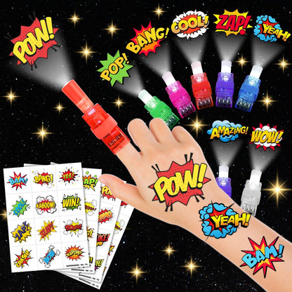 72-teiliges Helden-Party-Set: 48 temporäre Tattoos & 24 LED-Fingerlichter – Geburtstags-Goodie-Bag-Füller, leuchtende Spielzeuge für Jungen und Mädchen, Partyzubehör für Kinder