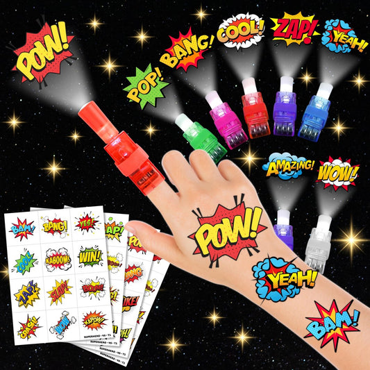 72-teiliges Helden-Party-Set: 48 temporäre Tattoos & 24 LED-Fingerlichter – Geburtstags-Goodie-Bag-Füller, leuchtende Spielzeuge für Jungen und Mädchen, Partyzubehör für Kinder
