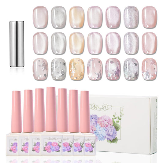 ADHERE Cat Eye Gel-Nagellack-Set 7 Farben 12 ml – Kristall-Cateye-Magnet-Nagellack mit Magnetstab, für Frauen