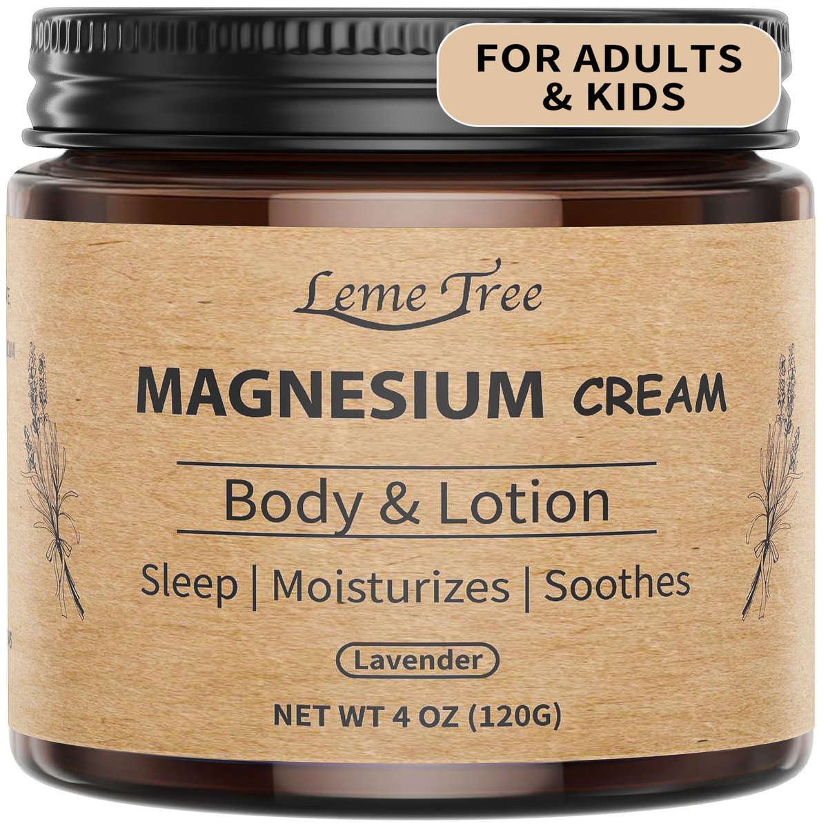 LemeTree Magnesium Creme – Nächtliche Magnesium Lotion mit Jojobaöl, Sheabutter & Vitamin E für Beine, Arme & Brust – Sicher für Kinder